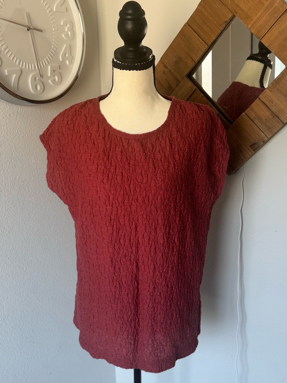 Coldwater Creek Terra-Cotta Red Puckered Crinkle Textured Cap Sleeve Top Blouse